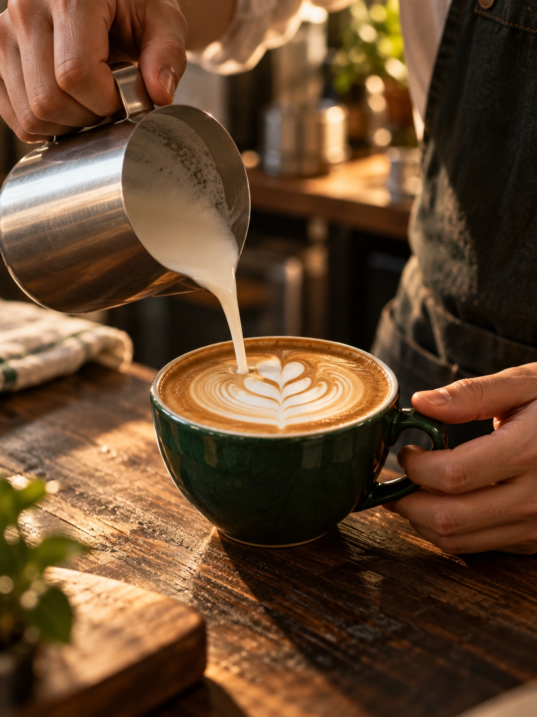 Silky latte art poured into a forest green ceramic cup