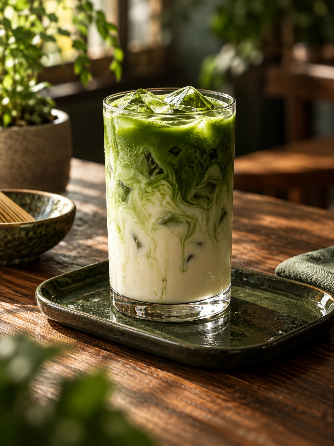 Vibrant iced matcha with green tea and milk swirling in a clear glass