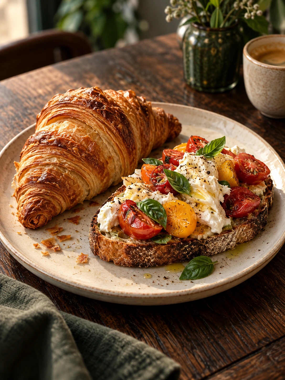 Golden flaky pastry and fresh tomato sourdough on a ceramic plate